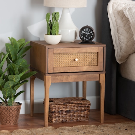 Baxton Studio Ramiel MidCentury Modern Ash Walnut Finished Wood and Rattan 1Drawer Nightstand 215-12425-ZORO